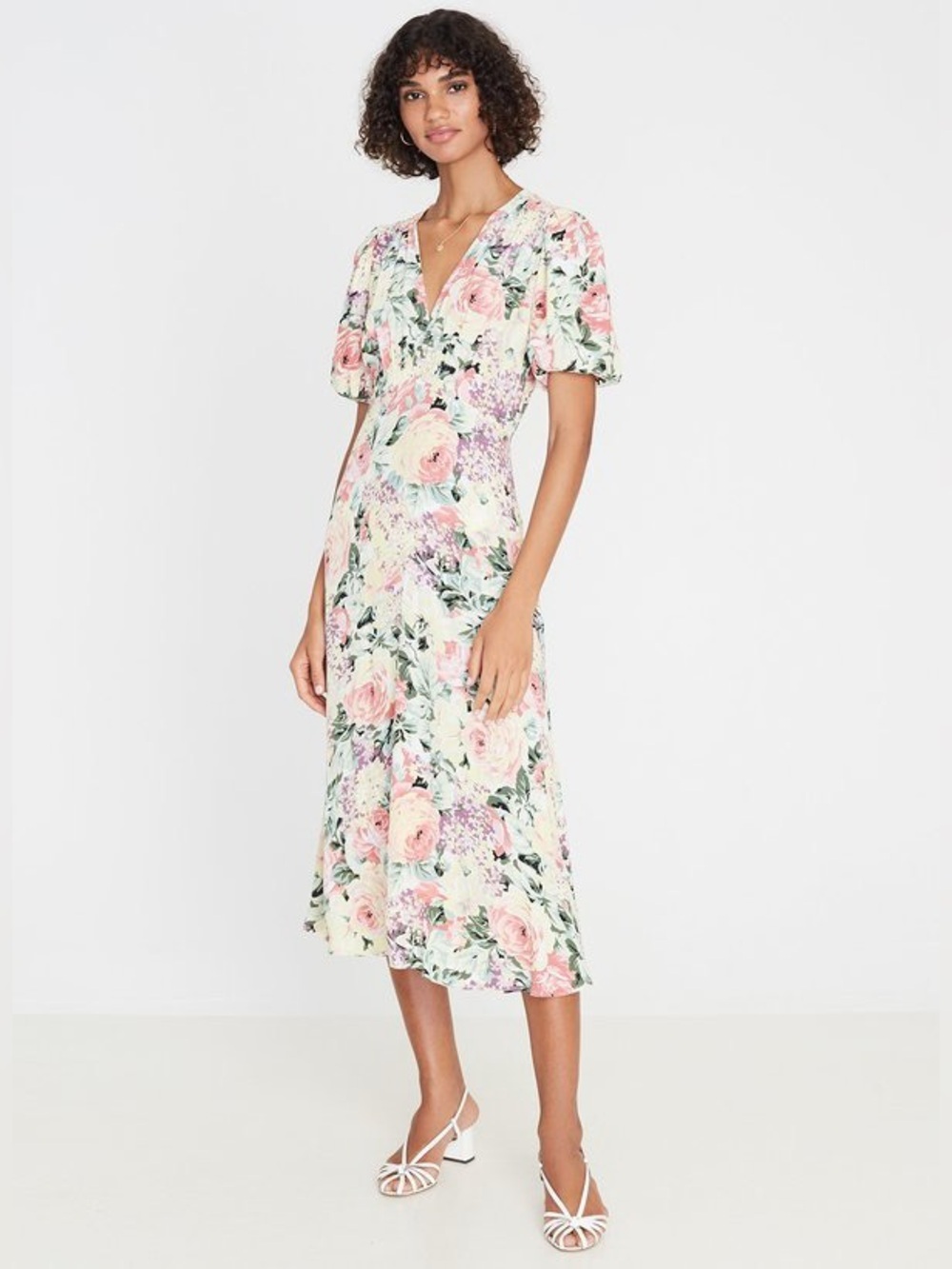 Faithfull the Brand Pastel Floral V-Neck Midi Dress in Pink Cream Size Large